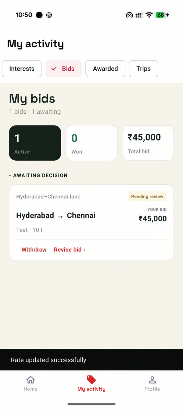 DNM Partner My activity bids screen