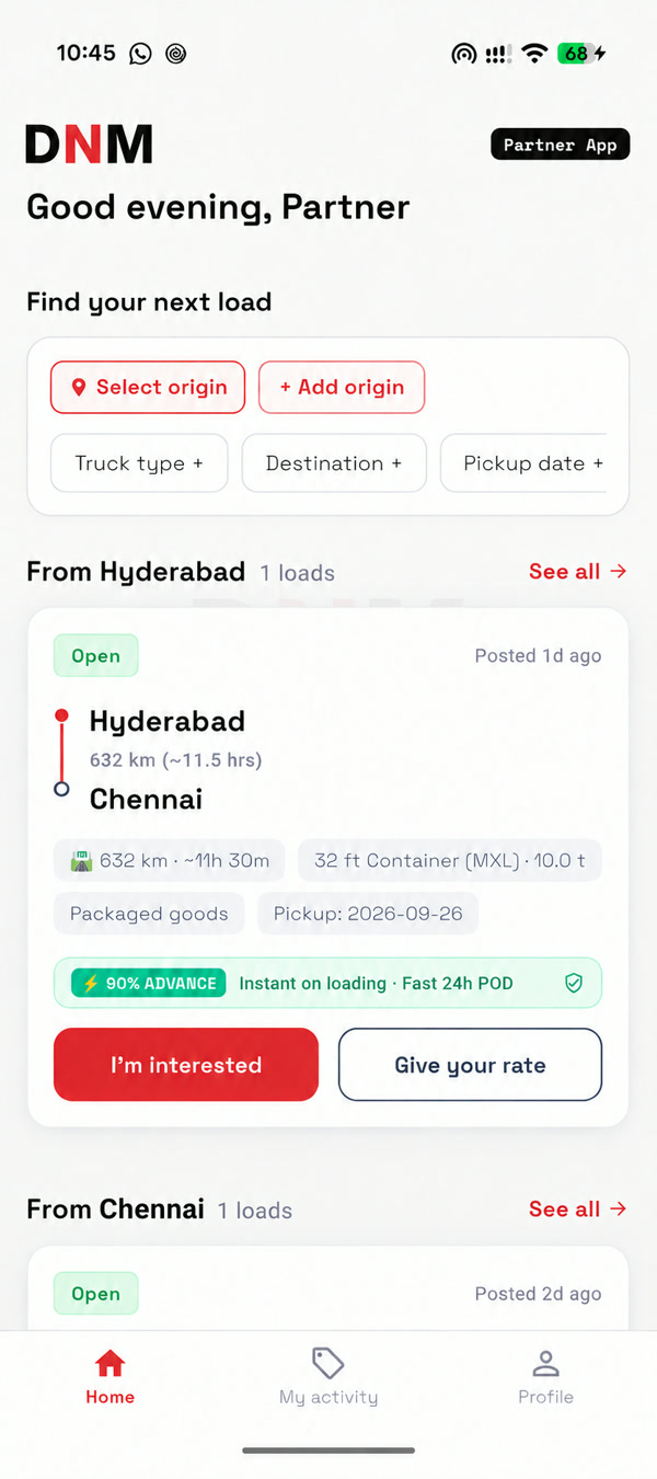 DNM Partner load discovery screen